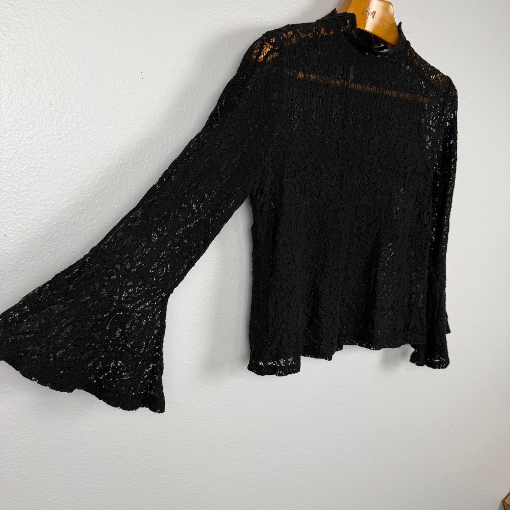 Adiva Womens L Black Lace Top Bell Sleeve High Neck Romantic Goth Blouse - Picture 5 of 14